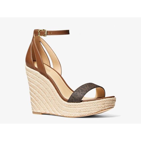Michael Kors Kimberly Logo and Leather Wedge Brown Sandal Size 6M - Picture 1 of 10